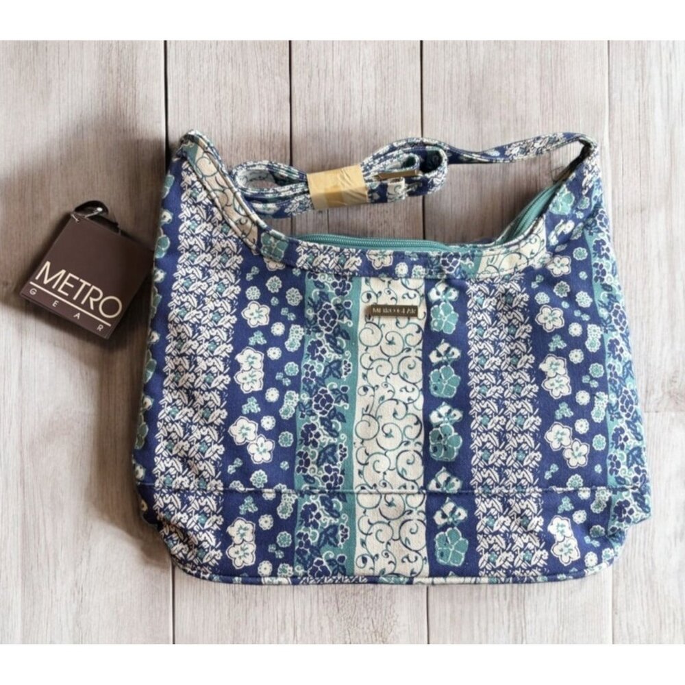 Vintage 1999 Metro Gear Printed Floral Canvas Hobo Bag Floral Striped Blue